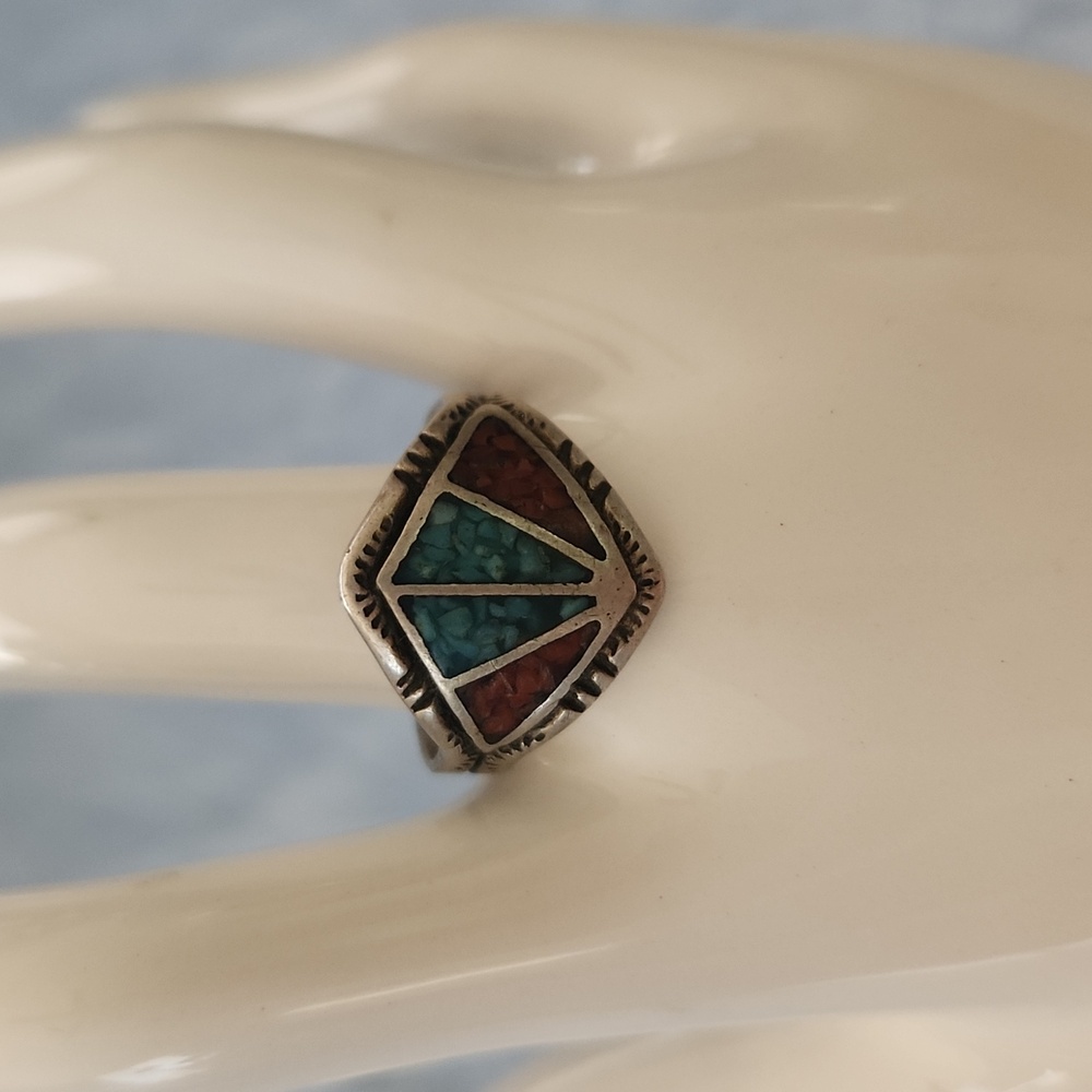 Vintage Zuni Mosaic Turquoise and Coral Ring